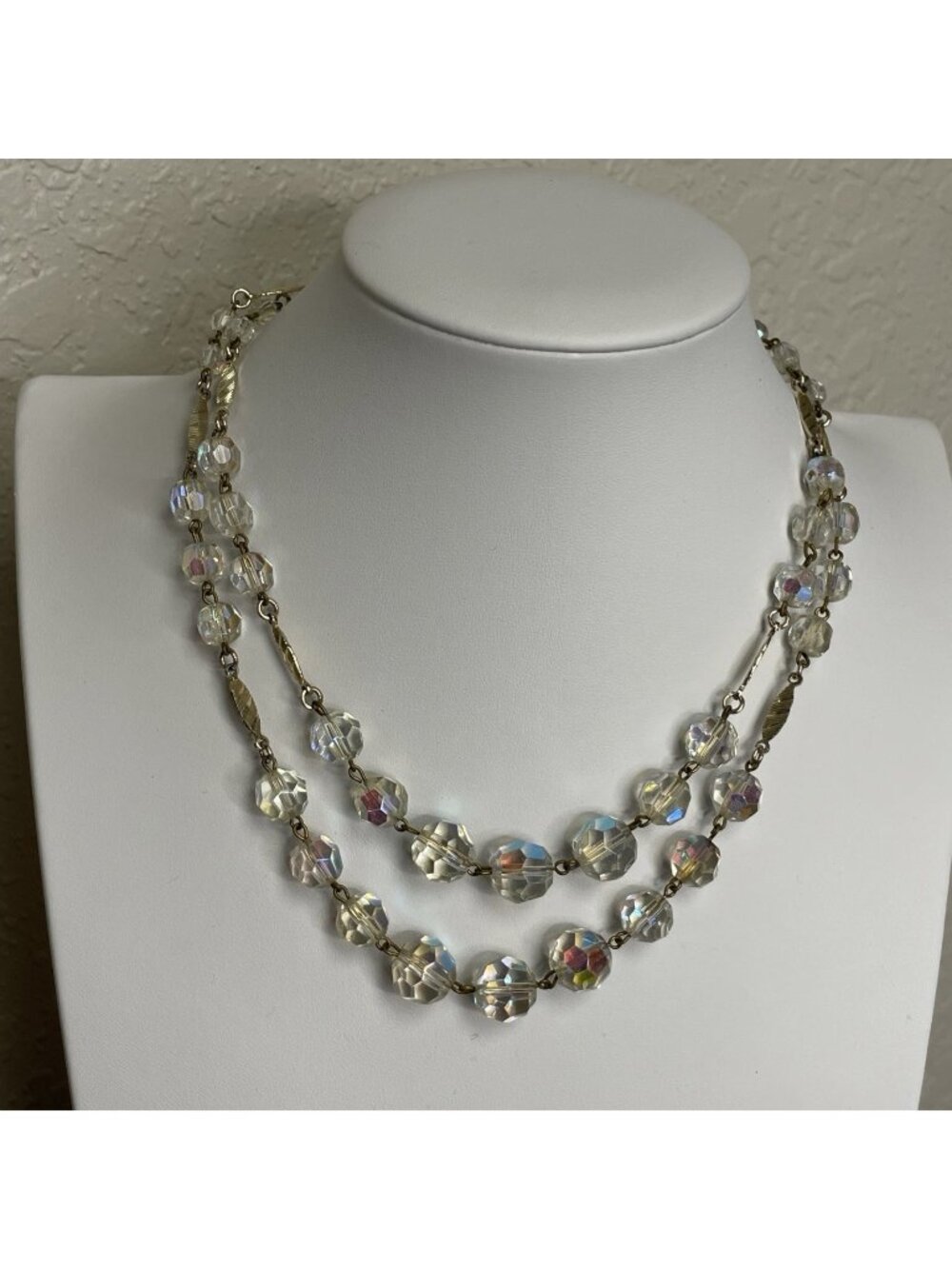 Vintage AB Crystal Necklace Multi Strand Clear Glass Beaded West Germany 16-18”